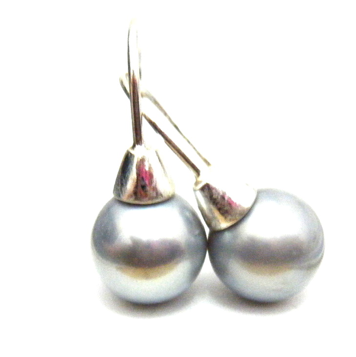 Grey 9mm Round Pearls on Silver Hooks Earrings